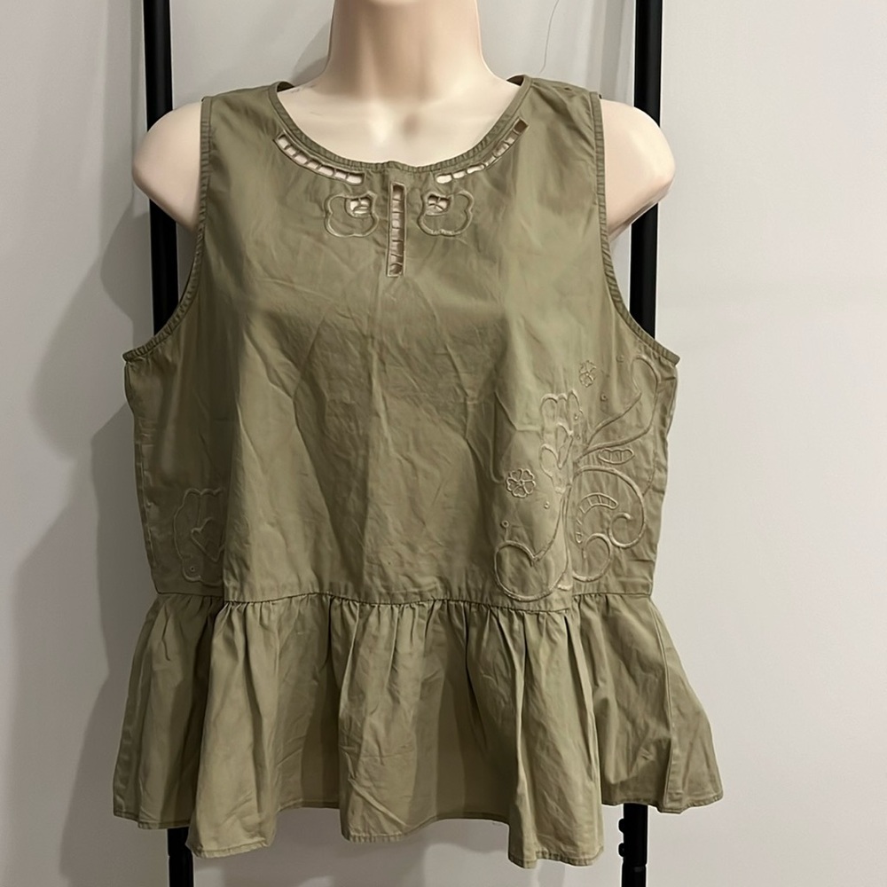Madewell Embroidered Peplum Tank Top Khaki Green Blouse Women Size M